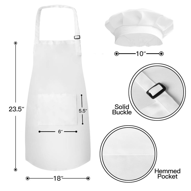 Novelty Place Kid's Apron with Chef Hat Set (3 Set) - Skin-friendly Childrenâ€™s Bib with Pocket - Cooking, Baking, Painting, Training Wear - Kid's Size (6-12 Year, White) - Image 2